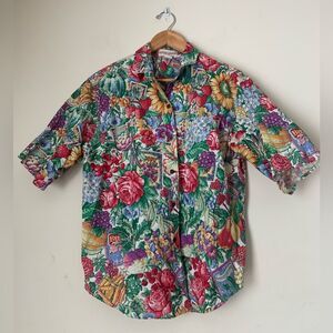 Vintage Floral Garden Print Short-Sleeve Shirt Multicolor Gotcha Covered Sz M
